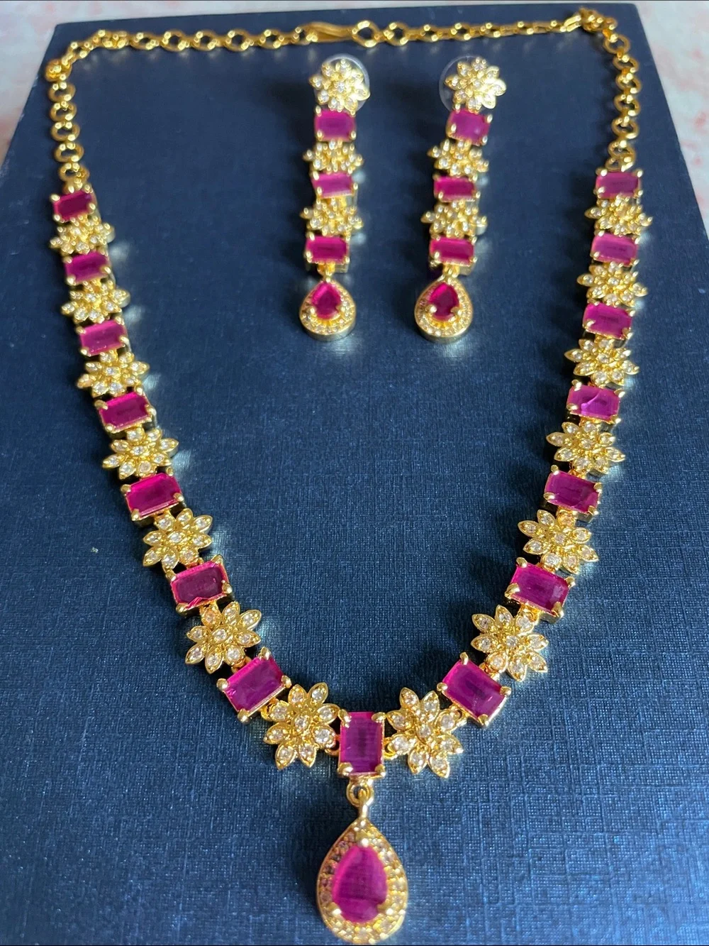 Gold-Plated Necklace and Earring Set with Pink Gemstones